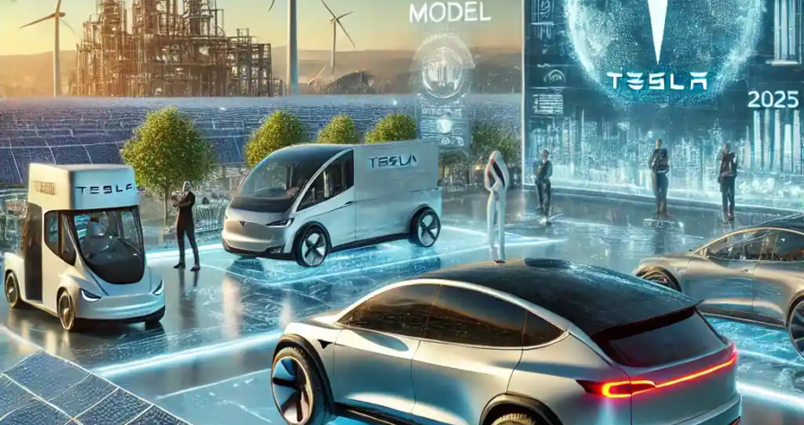 A futuristic Tesla showroom in 2025 featuring the Cybertruck, an affordable compact model, and solar panels, symbolizing innovation and sustainability.