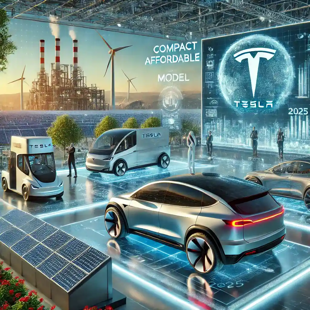 A futuristic Tesla showroom in 2025 featuring the Cybertruck, an affordable compact model, and solar panels, symbolizing innovation and sustainability.