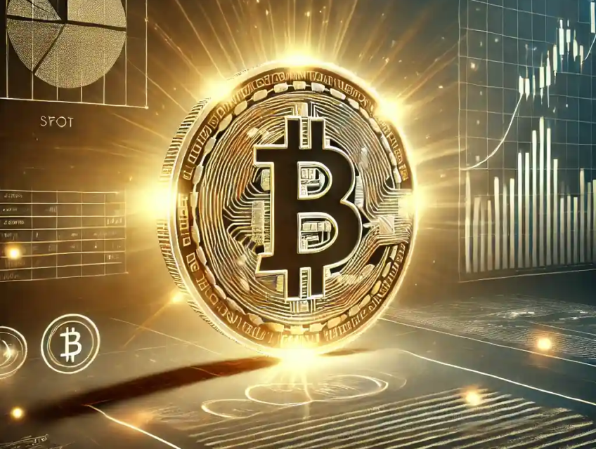 A futuristic digital illustration featuring a glowing Bitcoin coin and financial charts, symbolizing the rise of spot Bitcoin ETFs.