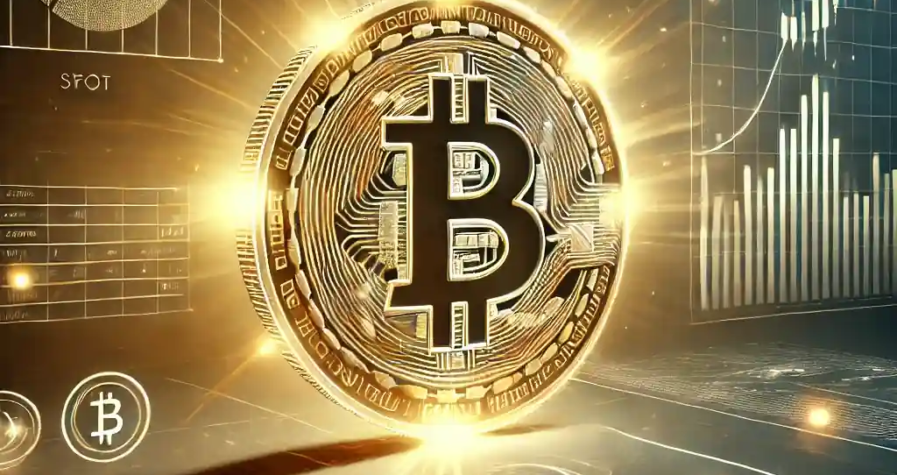A futuristic digital illustration featuring a glowing Bitcoin coin and financial charts, symbolizing the rise of spot Bitcoin ETFs.