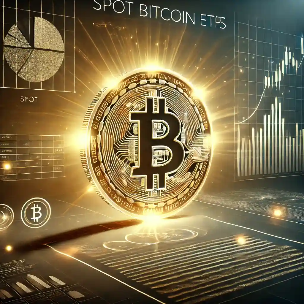 A futuristic digital illustration featuring a glowing Bitcoin coin and financial charts, symbolizing the rise of spot Bitcoin ETFs.