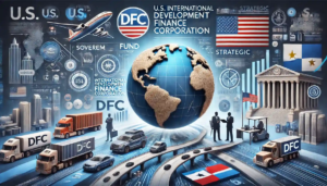 Illustration de la transformation de la DFC en fonds souverain, mettant en avant les infrastructures américaines et l’influence économique mondiale.