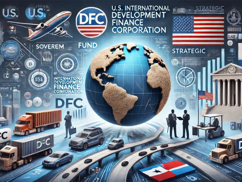 Illustration de la transformation de la DFC en fonds souverain, mettant en avant les infrastructures américaines et l’influence économique mondiale.