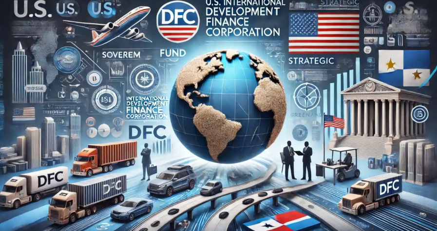 Illustration de la transformation de la DFC en fonds souverain, mettant en avant les infrastructures américaines et l’influence économique mondiale.