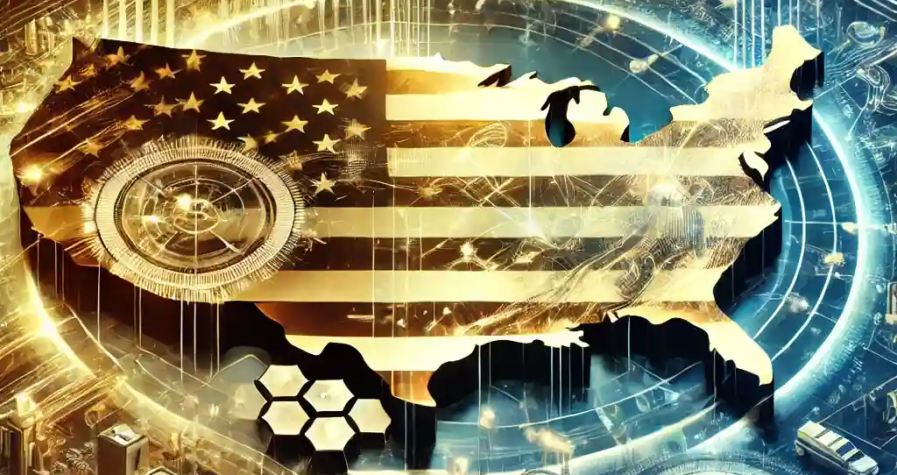 Digital illustration of the U.S. Capitol surrounded by a glowing map with economic and trade icons representing a sovereign wealth fund.