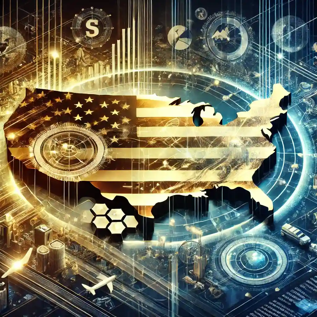 Digital illustration of the U.S. Capitol surrounded by a glowing map with economic and trade icons representing a sovereign wealth fund.