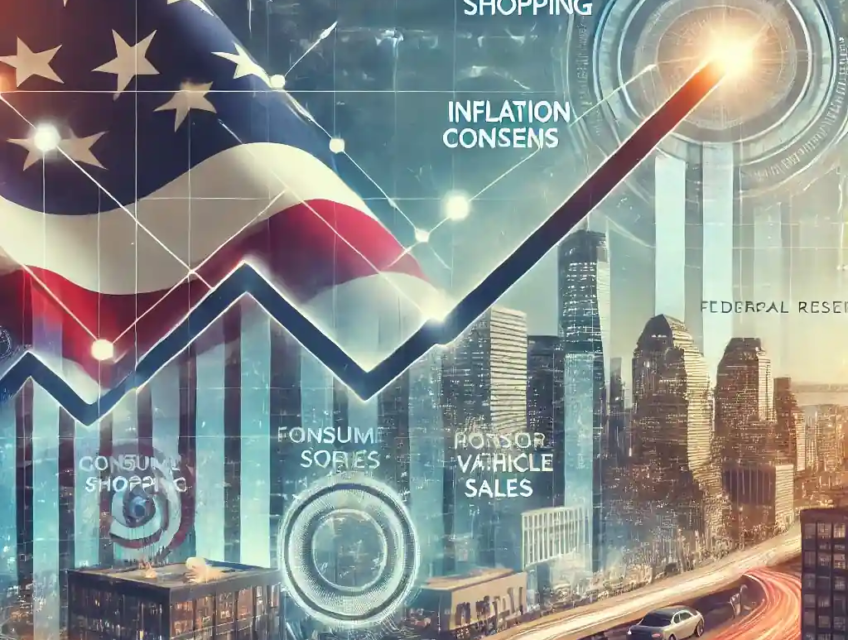 An illustration of economic growth featuring a rising financial graph over a city skyline, consumer shopping, motor vehicle sales, and Federal Reserve documents.