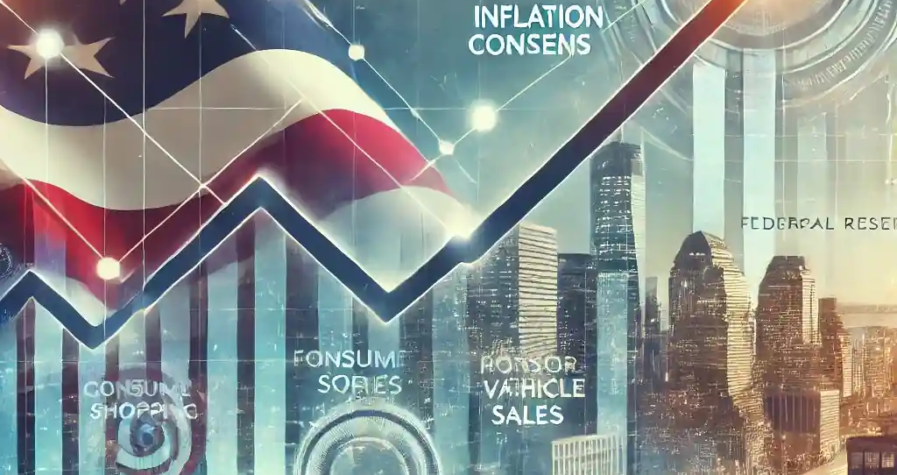 An illustration of economic growth featuring a rising financial graph over a city skyline, consumer shopping, motor vehicle sales, and Federal Reserve documents.
