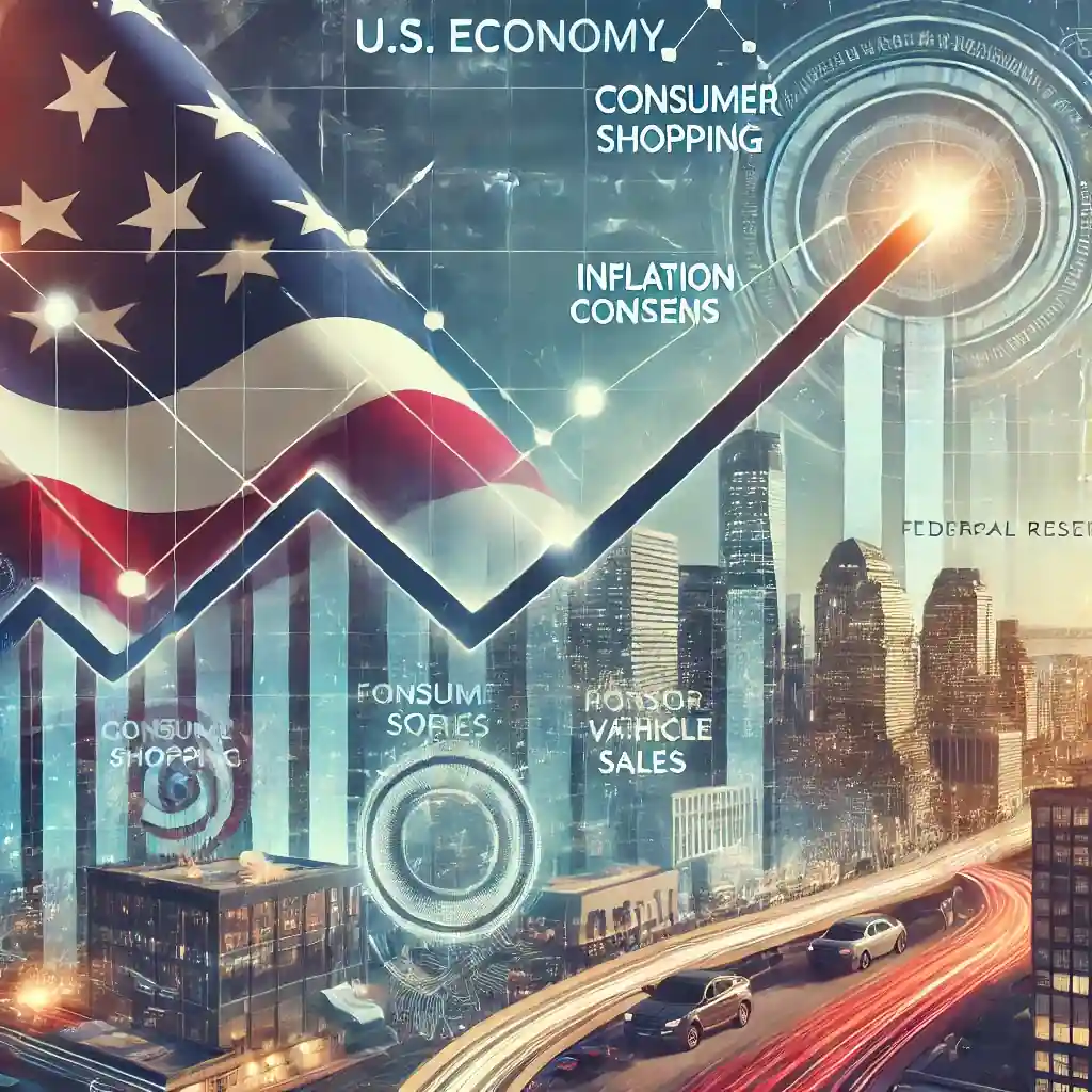 An illustration of economic growth featuring a rising financial graph over a city skyline, consumer shopping, motor vehicle sales, and Federal Reserve documents.