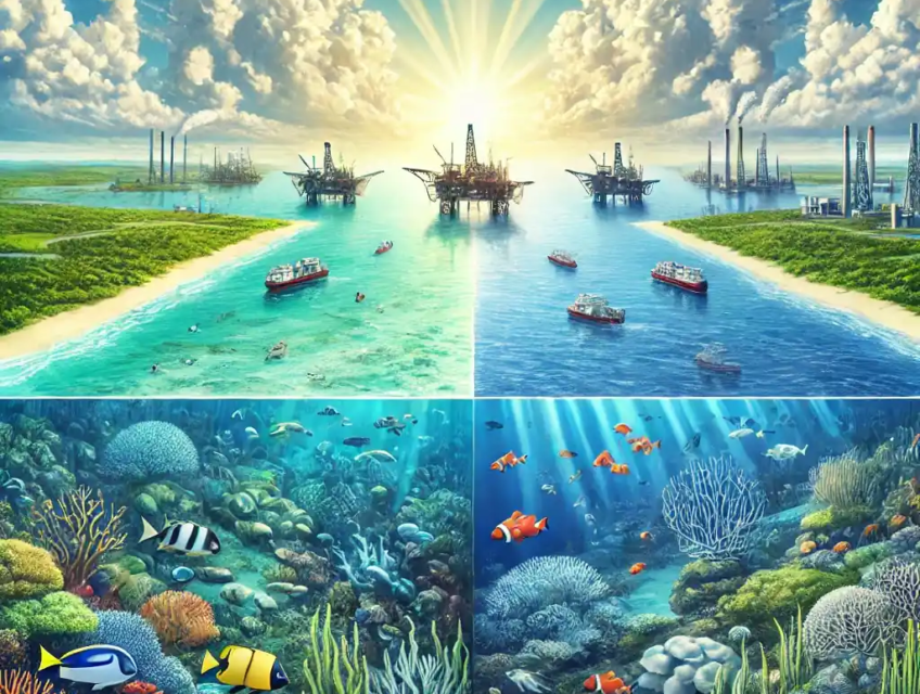 Illustration of a coastal area divided into thriving marine ecosystems on one side and distant oil rigs on the other, symbolizing environmental conservation and energy policy.