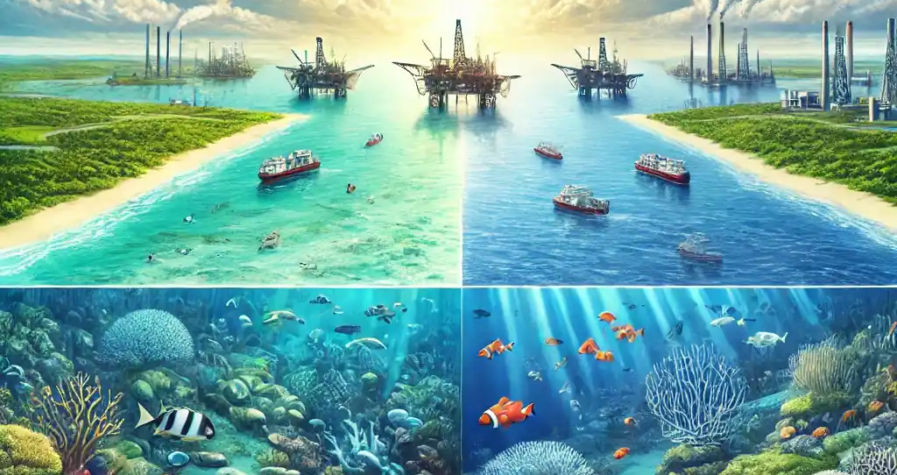 Illustration of a coastal area divided into thriving marine ecosystems on one side and distant oil rigs on the other, symbolizing environmental conservation and energy policy.