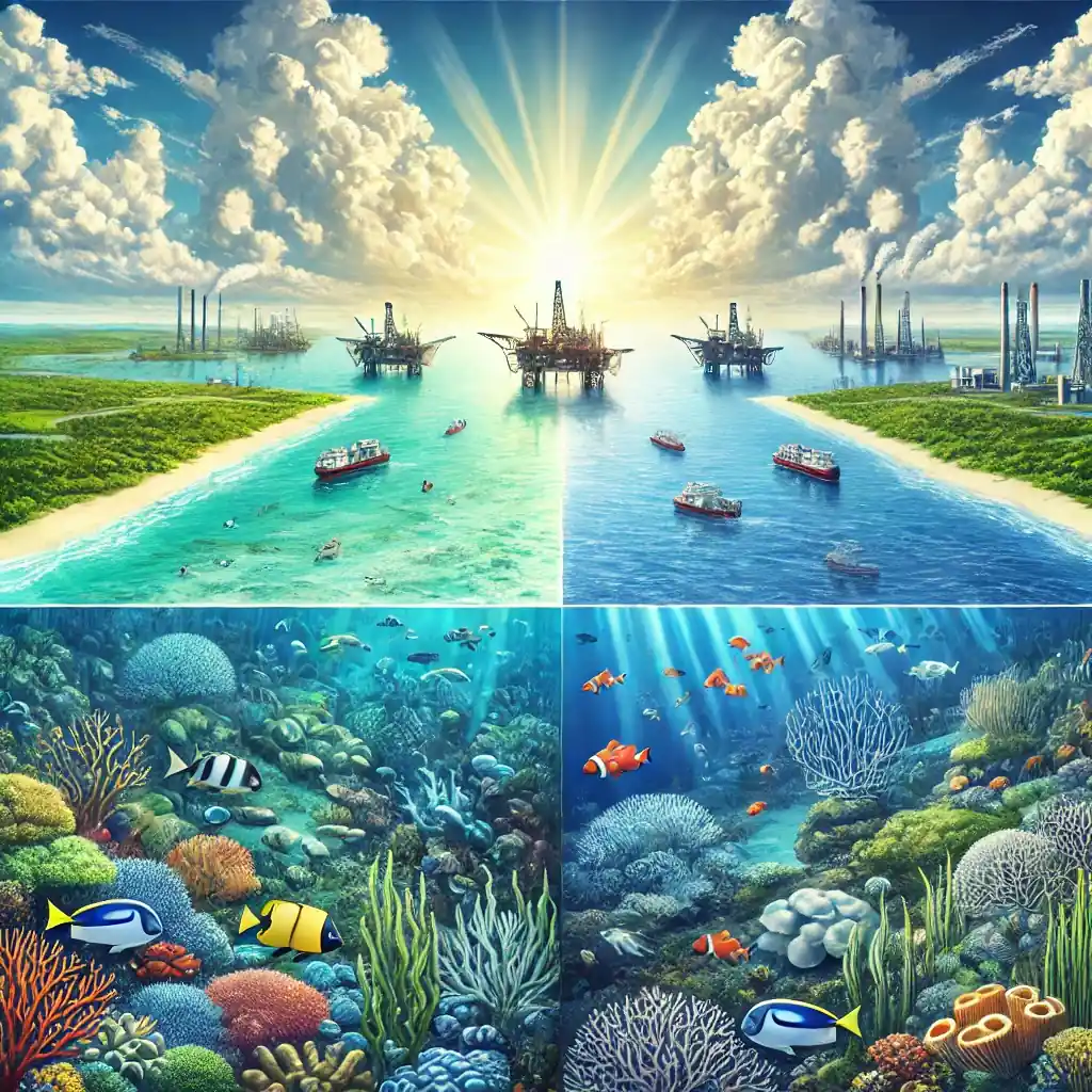 Illustration of a coastal area divided into thriving marine ecosystems on one side and distant oil rigs on the other, symbolizing environmental conservation and energy policy.