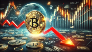 Illustration représentant la baisse du Bitcoin en 2025, avec un symbole Bitcoin descendant sur un graphique financier et des indicateurs de marché.