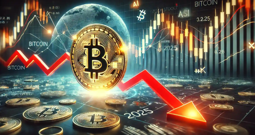 Illustration représentant la baisse du Bitcoin en 2025, avec un symbole Bitcoin descendant sur un graphique financier et des indicateurs de marché.