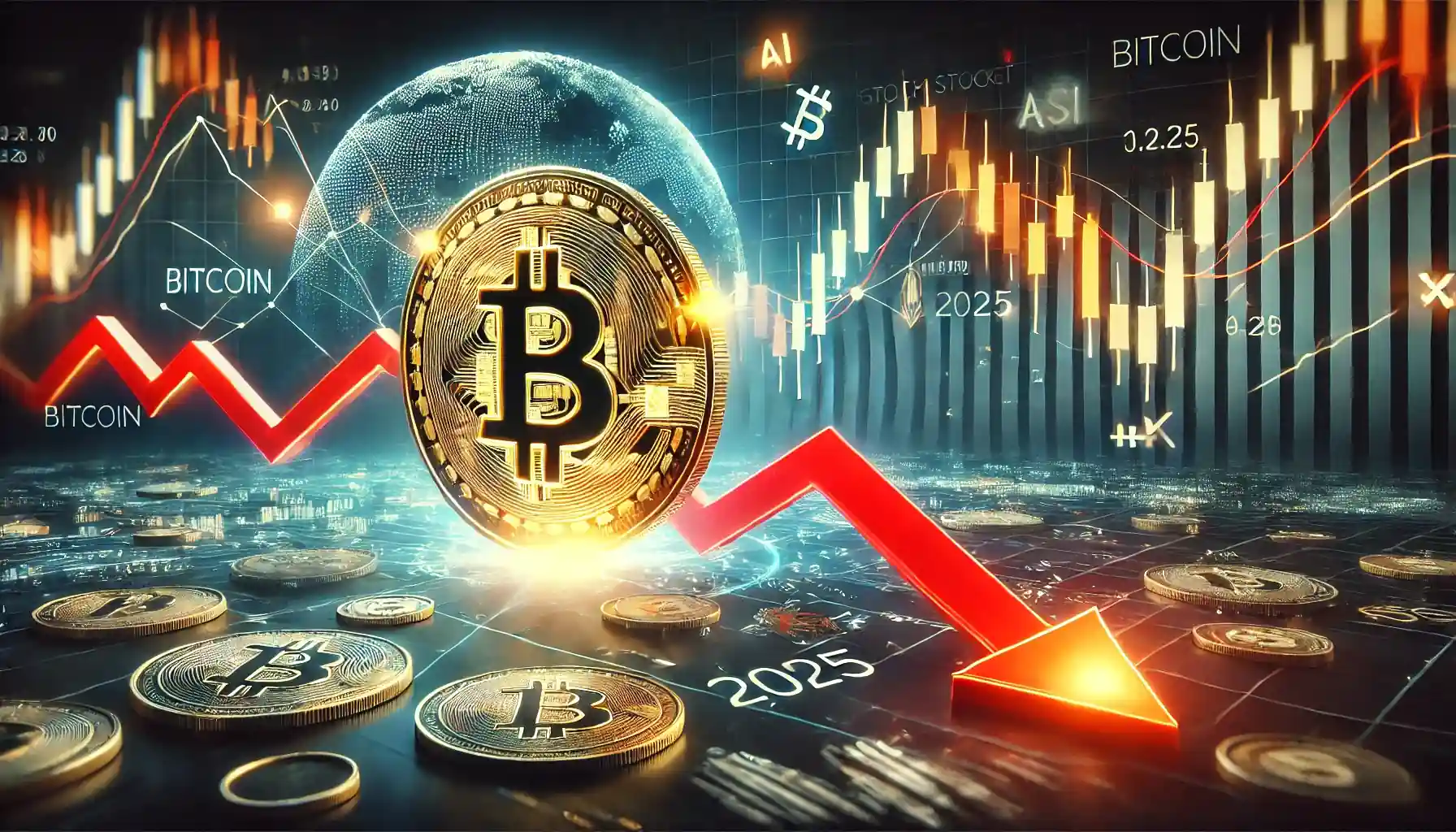 Illustration représentant la baisse du Bitcoin en 2025, avec un symbole Bitcoin descendant sur un graphique financier et des indicateurs de marché.