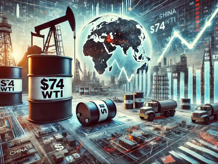 Illustration montrant la volatilité du marché pétrolier avec des barils à 74 $ WTI, des graphiques financiers en déclin, et des régions clés comme la Chine et les États-Unis.