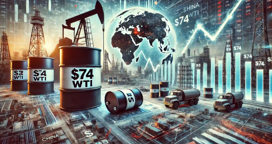 Illustration montrant la volatilité du marché pétrolier avec des barils à 74 $ WTI, des graphiques financiers en déclin, et des régions clés comme la Chine et les États-Unis.