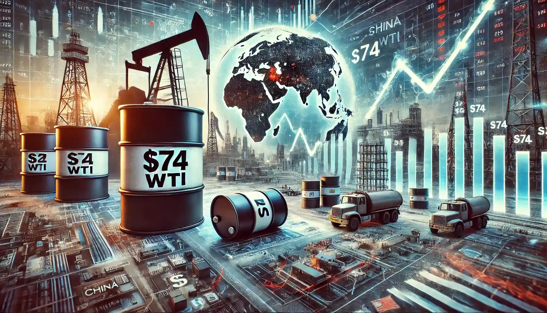 Illustration montrant la volatilité du marché pétrolier avec des barils à 74 $ WTI, des graphiques financiers en déclin, et des régions clés comme la Chine et les États-Unis.