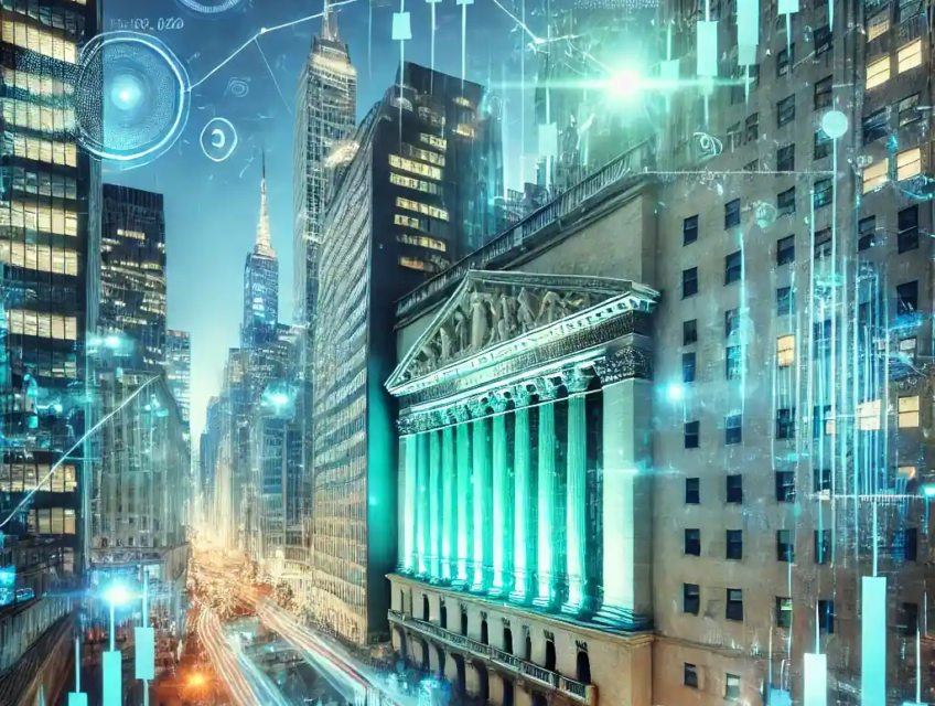 A dynamic digital illustration of Wall Street's financial district illuminated with upward-trending stock charts, symbolizing a strong market rally.