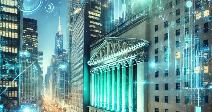 A dynamic digital illustration of Wall Street's financial district illuminated with upward-trending stock charts, symbolizing a strong market rally.