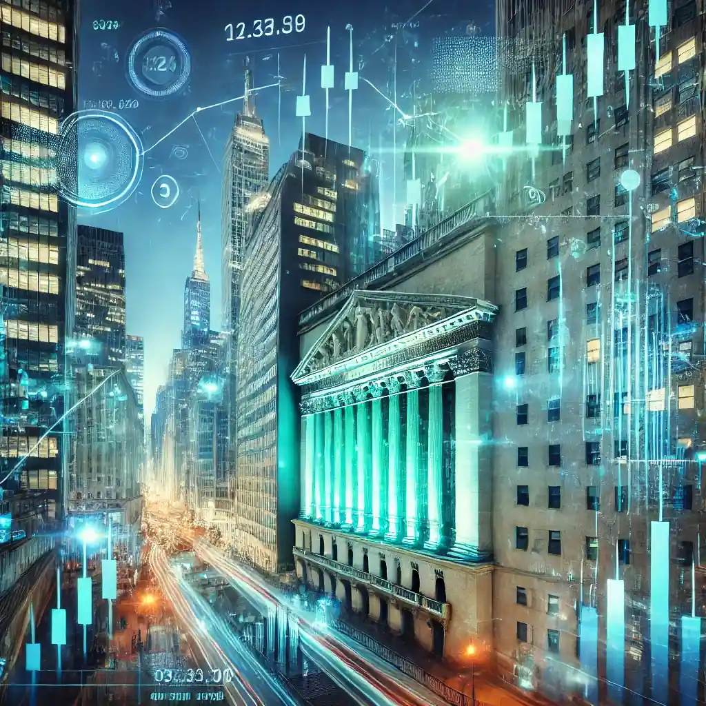 A dynamic digital illustration of Wall Street's financial district illuminated with upward-trending stock charts, symbolizing a strong market rally.