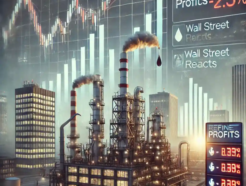 Illustration numérique montrant la préoccupation de Wall Street face à la baisse des profits des raffineries, avec un graphique boursier en déclin et une raffinerie en arrière-plan.