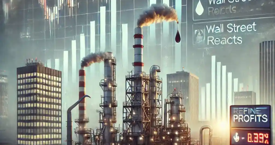 Illustration numérique montrant la préoccupation de Wall Street face à la baisse des profits des raffineries, avec un graphique boursier en déclin et une raffinerie en arrière-plan.