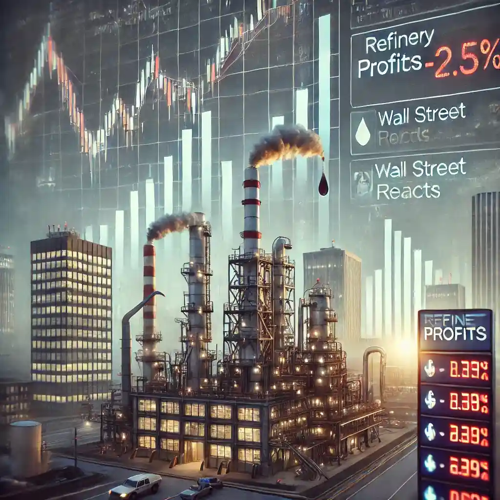 Illustration numérique montrant la préoccupation de Wall Street face à la baisse des profits des raffineries, avec un graphique boursier en déclin et une raffinerie en arrière-plan.