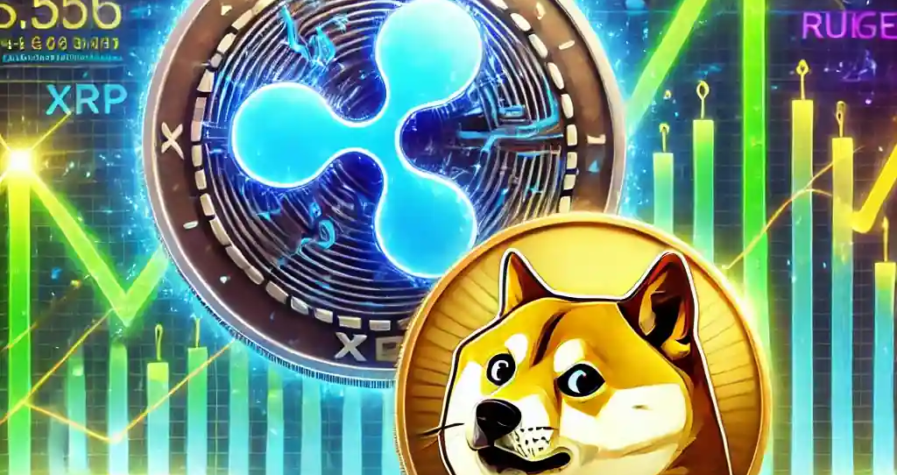 Digital illustration of XRP and Dogecoin coins surrounded by glowing data streams and rising charts, symbolizing growth and optimism.