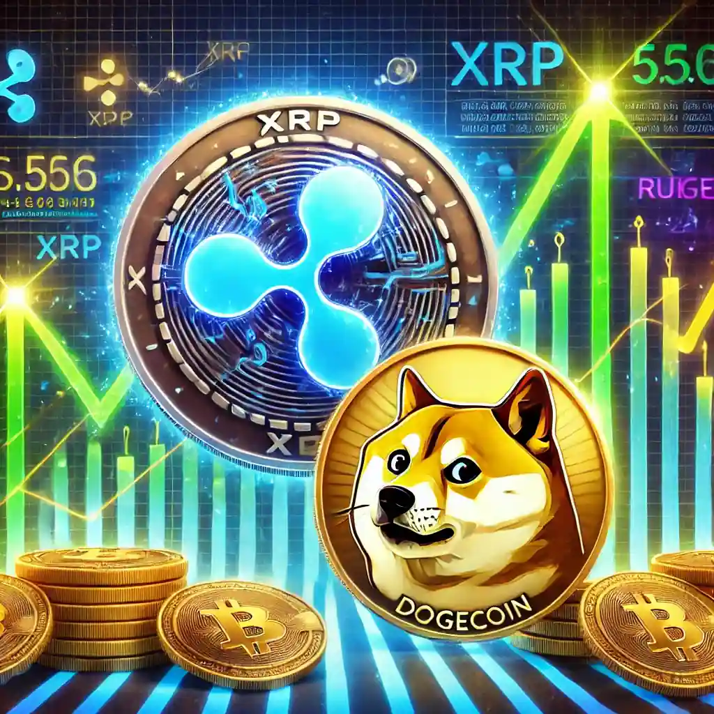 Digital illustration of XRP and Dogecoin coins surrounded by glowing data streams and rising charts, symbolizing growth and optimism.