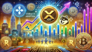 Illustration de la montée des crypto-monnaies XRP et Dogecoin, avec des graphiques financiers et des éléments symbolisant l’innovation et l’adoption.