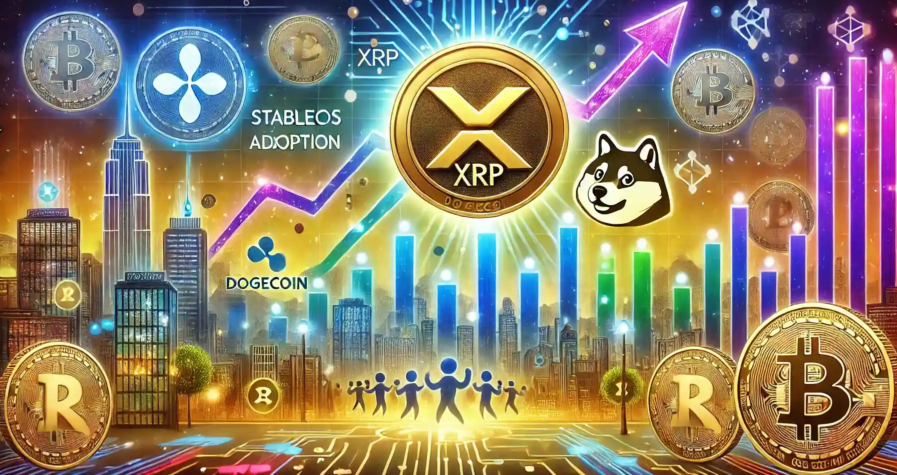 Illustration de la montée des crypto-monnaies XRP et Dogecoin, avec des graphiques financiers et des éléments symbolisant l’innovation et l’adoption.