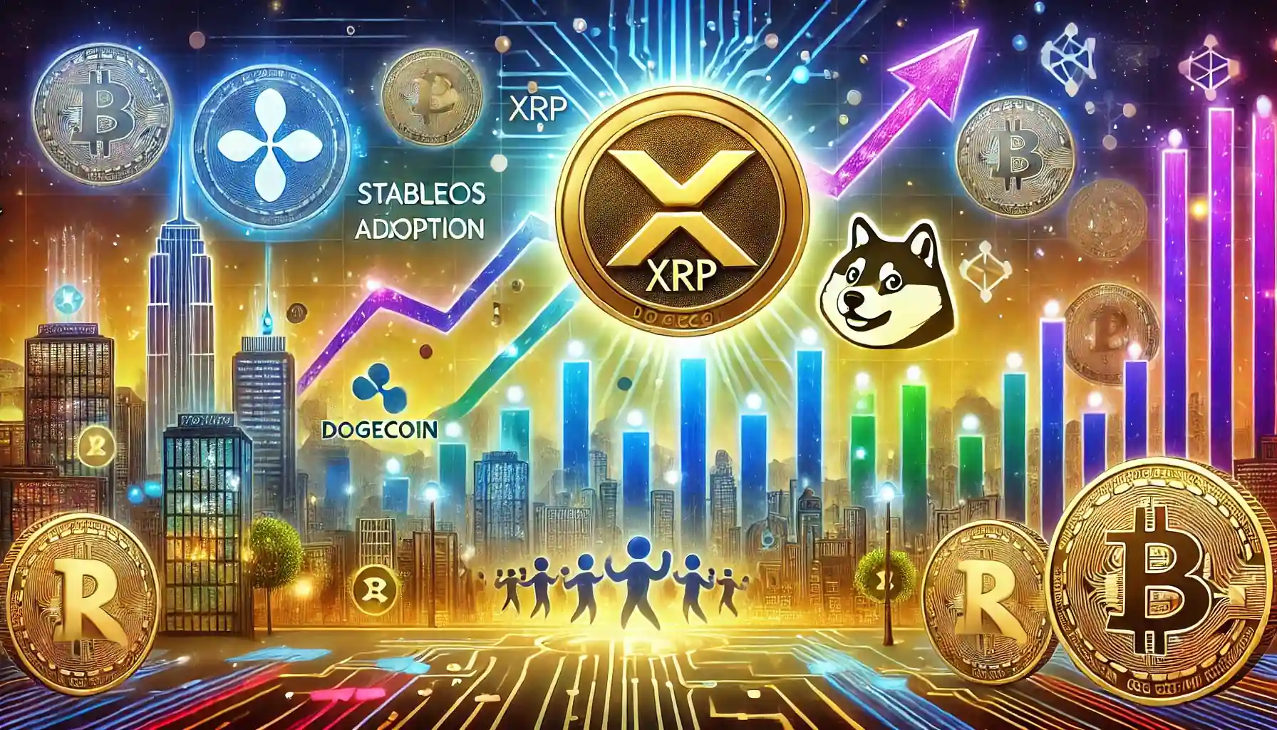 Illustration de la montée des crypto-monnaies XRP et Dogecoin, avec des graphiques financiers et des éléments symbolisant l’innovation et l’adoption.