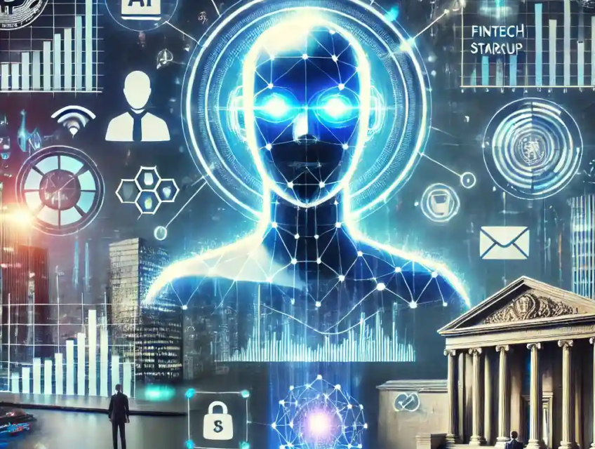 A futuristic illustration featuring an AI-powered digital financial advisor hologram, assisting investors with financial charts and data analysis.