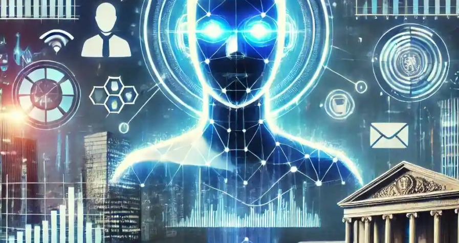 A futuristic illustration featuring an AI-powered digital financial advisor hologram, assisting investors with financial charts and data analysis.