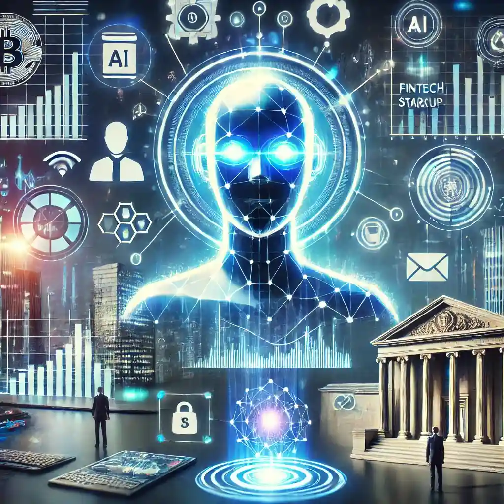 A futuristic illustration featuring an AI-powered digital financial advisor hologram, assisting investors with financial charts and data analysis.