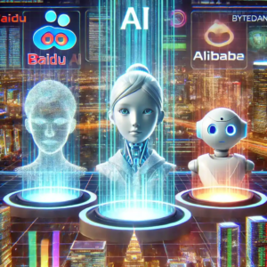 Illustration futuriste de la compétition en intelligence artificielle en Chine, mettant en avant Baidu Ernie, Alibaba Qwen et ByteDance Doubao dans une arène numérique high-tech.