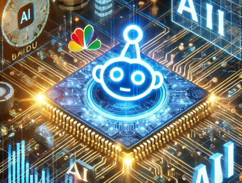 An illustration featuring a glowing AI circuit board with Baidu’s Ernie AI logo, stock surge charts, and competing AI logos from Alibaba and DeepSeek.