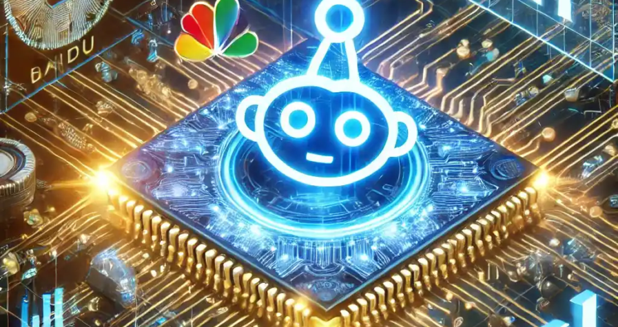 An illustration featuring a glowing AI circuit board with Baidu’s Ernie AI logo, stock surge charts, and competing AI logos from Alibaba and DeepSeek.