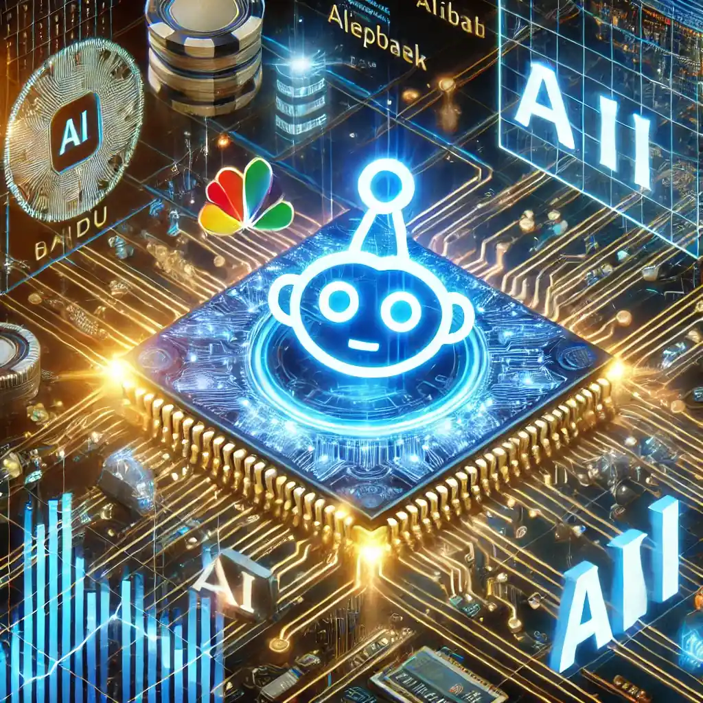 An illustration featuring a glowing AI circuit board with Baidu’s Ernie AI logo, stock surge charts, and competing AI logos from Alibaba and DeepSeek.