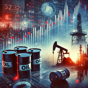 Illustration détaillée représentant la récente baisse des prix du pétrole dans un contexte d'incertitude économique, avec un graphique financier en chute, des barils de pétrole et un arrière-plan industriel.