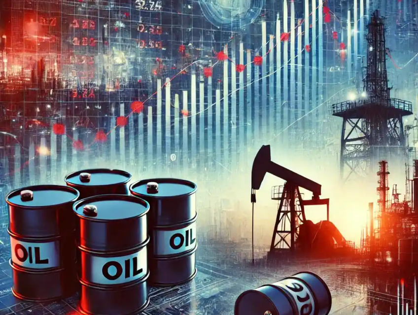 Illustration détaillée représentant la récente baisse des prix du pétrole dans un contexte d'incertitude économique, avec un graphique financier en chute, des barils de pétrole et un arrière-plan industriel.