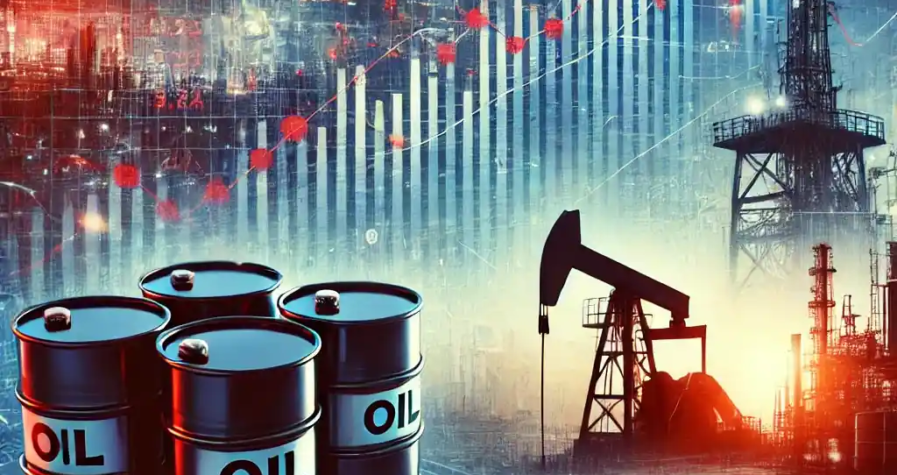 Illustration détaillée représentant la récente baisse des prix du pétrole dans un contexte d'incertitude économique, avec un graphique financier en chute, des barils de pétrole et un arrière-plan industriel.