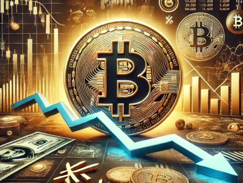 An illustration featuring a large Bitcoin symbol with a downward-trending financial graph, ETF outflow charts, bearish trading indicators, and economic symbols for inflation and tariffs.
