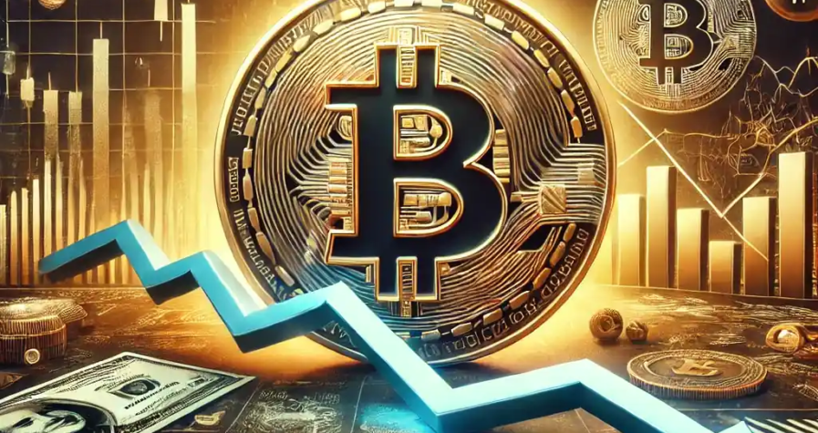 An illustration featuring a large Bitcoin symbol with a downward-trending financial graph, ETF outflow charts, bearish trading indicators, and economic symbols for inflation and tariffs.