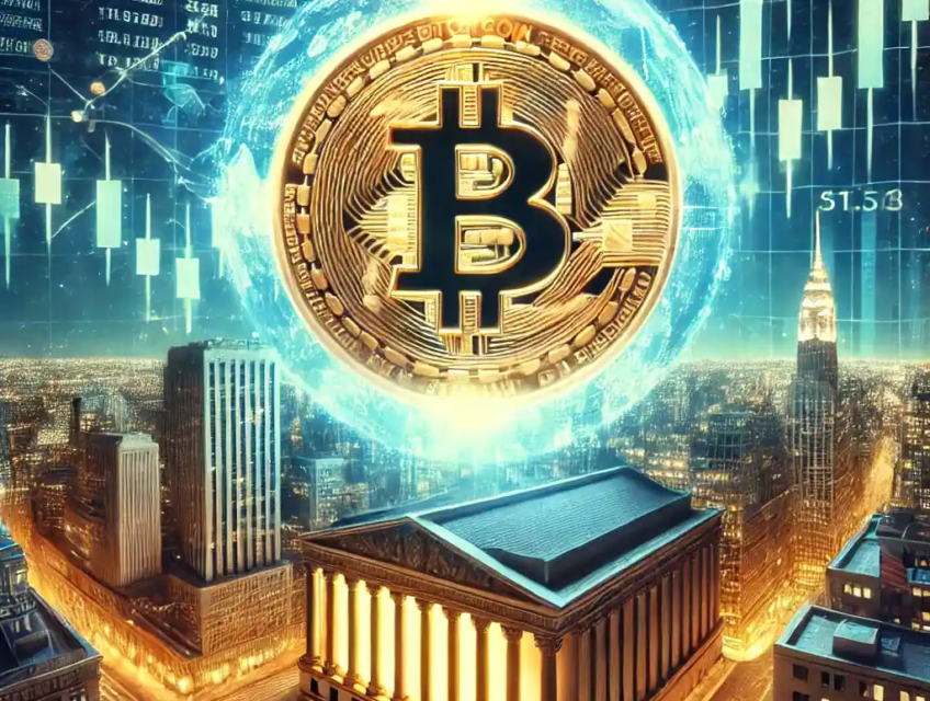 Illustration futuriste représentant l’ascension du Bitcoin à 1 million de dollars, avec un jeton géant dominant Wall Street et des graphiques financiers en forte hausse.