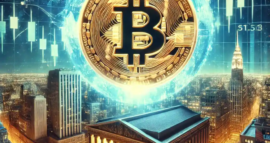 Illustration futuriste représentant l’ascension du Bitcoin à 1 million de dollars, avec un jeton géant dominant Wall Street et des graphiques financiers en forte hausse.