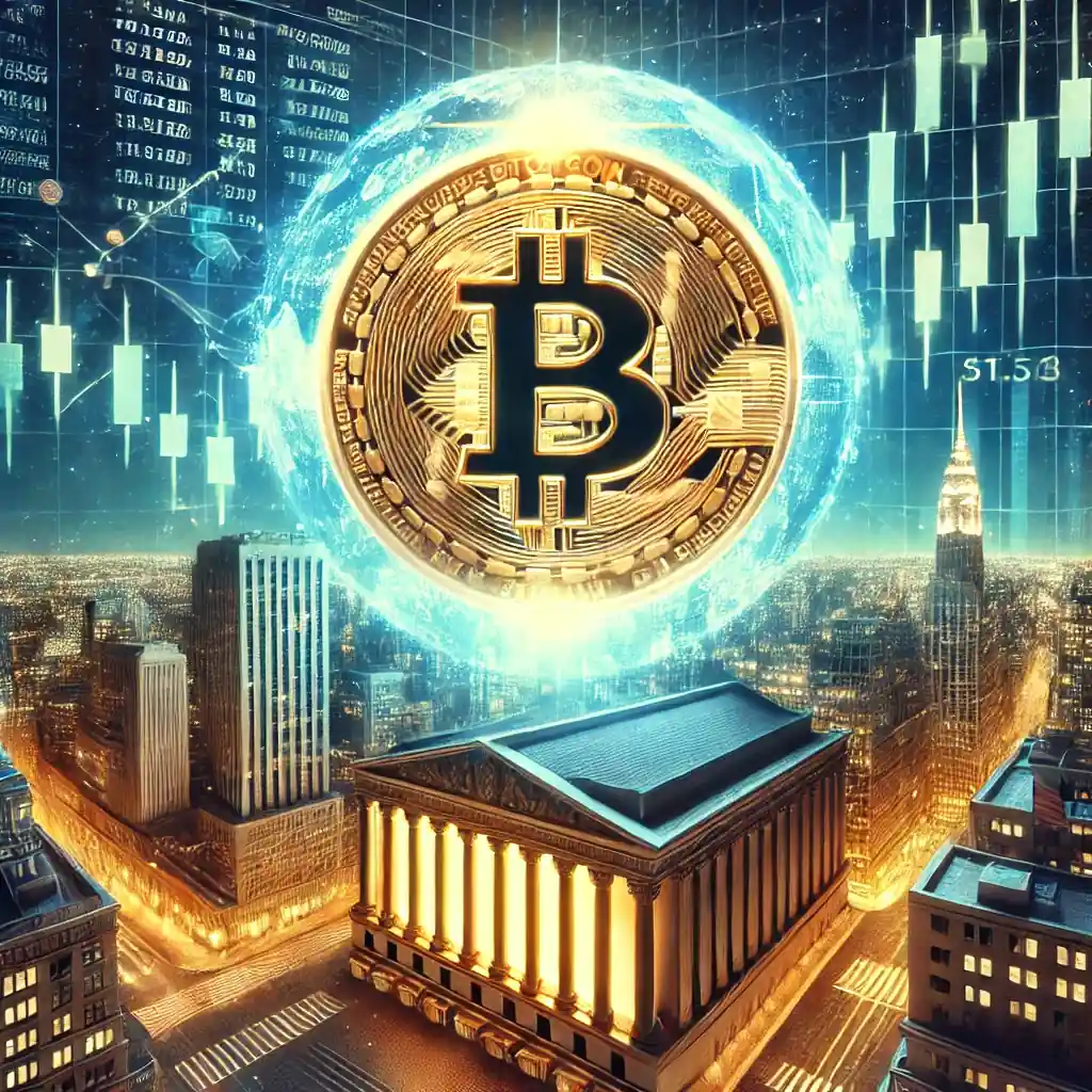 Illustration futuriste représentant l’ascension du Bitcoin à 1 million de dollars, avec un jeton géant dominant Wall Street et des graphiques financiers en forte hausse.