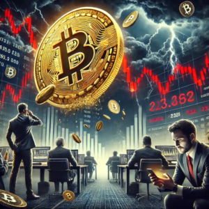 Illustration montrant un Bitcoin en chute avec des graphiques rouges de baisse, symbolisant la volatilité et l'incertitude du marché des cryptomonnaies.