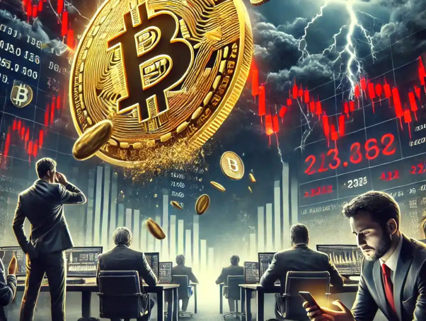 Illustration montrant un Bitcoin en chute avec des graphiques rouges de baisse, symbolisant la volatilité et l'incertitude du marché des cryptomonnaies.